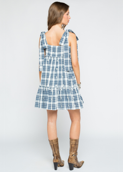 Daisy Street - Dolly Blue Check Mini Dress with White Flowers