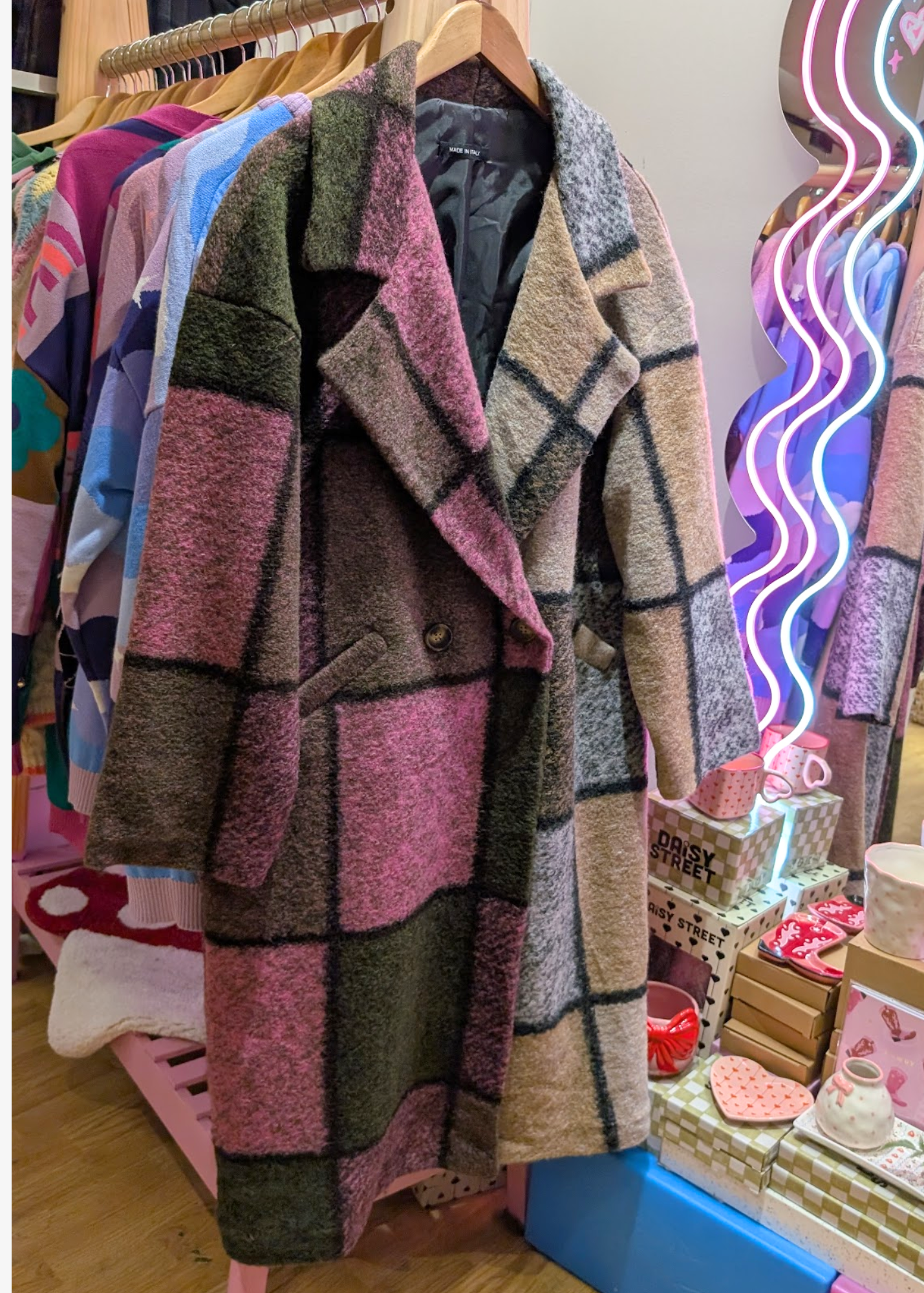 The Edit - Oversized Half 'n' Half Colourful Check Blanket Coat in Pink, Brown & Beige