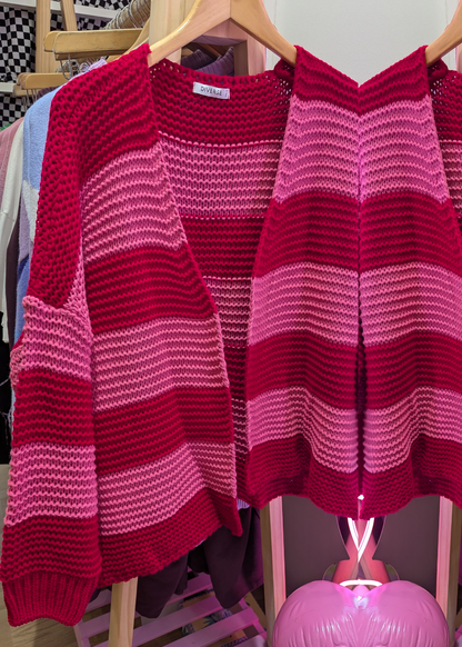 The Edit - Pink & Red Striped Knit Cardigan