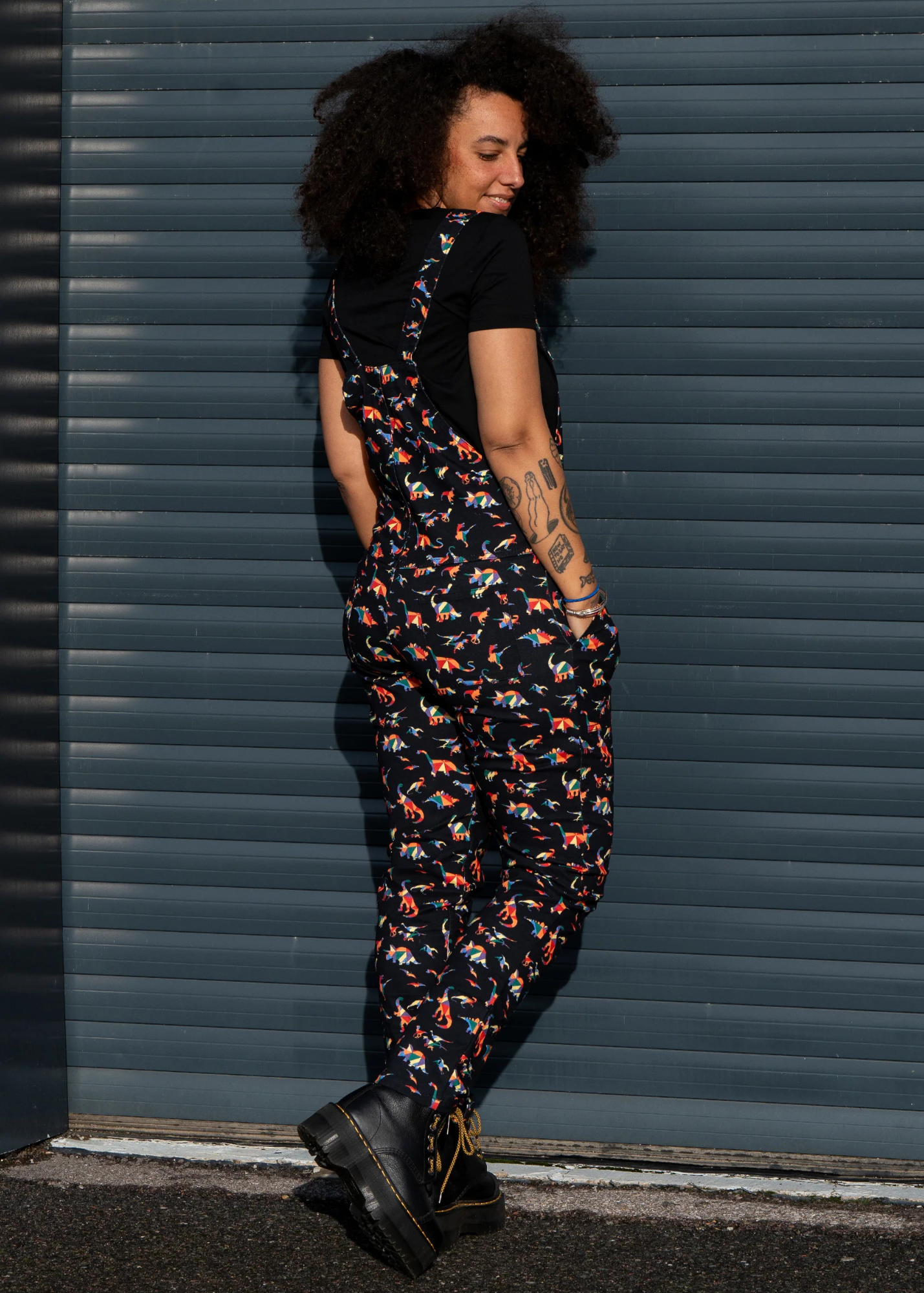 Run & Fly - Unisex Black Twill Rainbow Dinosaur Dungarees
