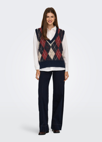 Only - Argyle Knit Vest in Navy and Red