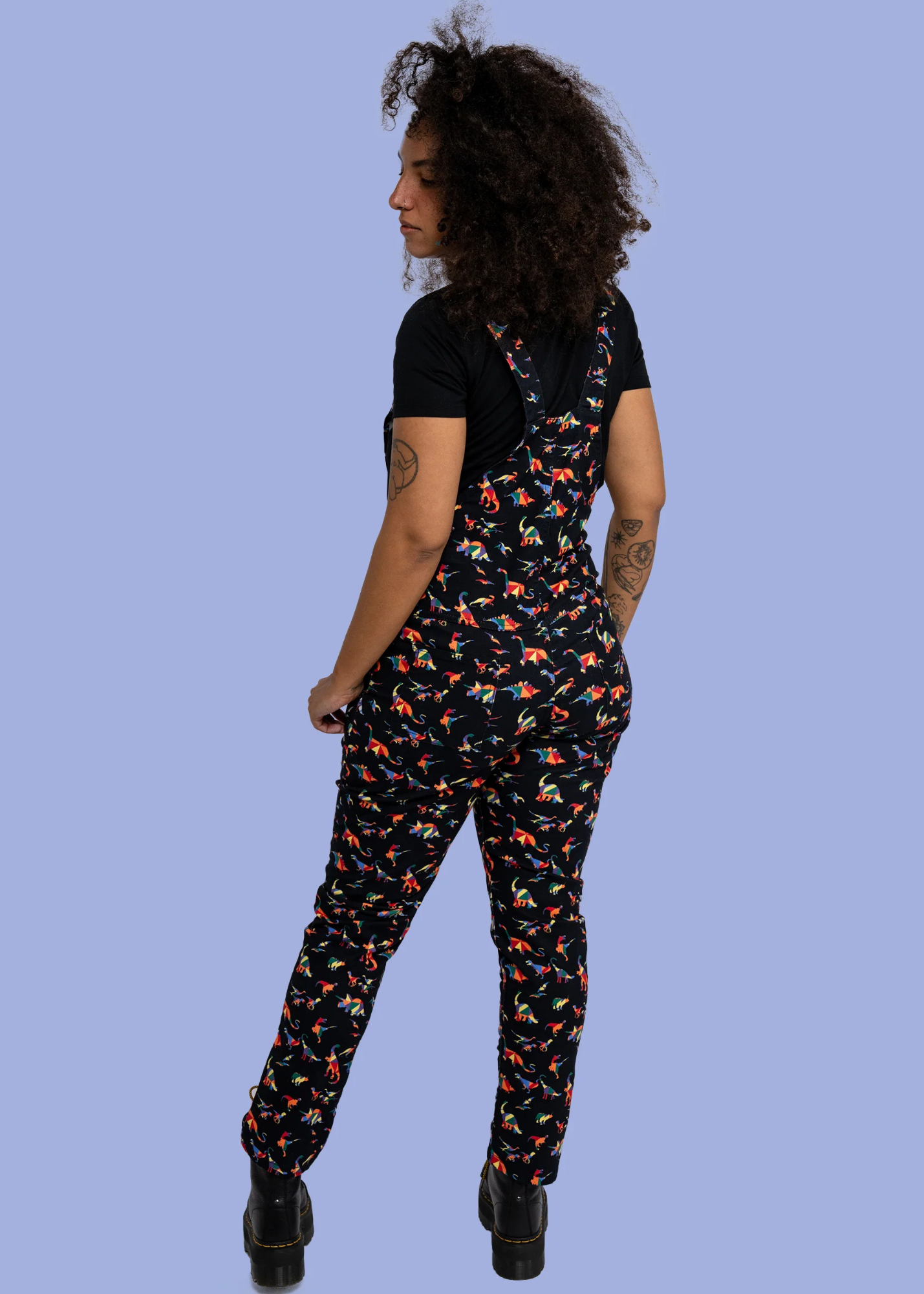 Run & Fly - Unisex Black Twill Rainbow Dinosaur Dungarees