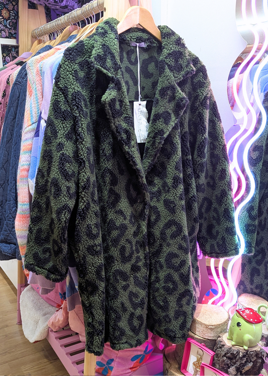 The Edit - Khaki Green Leopard Print Teddy Fleece Jacket