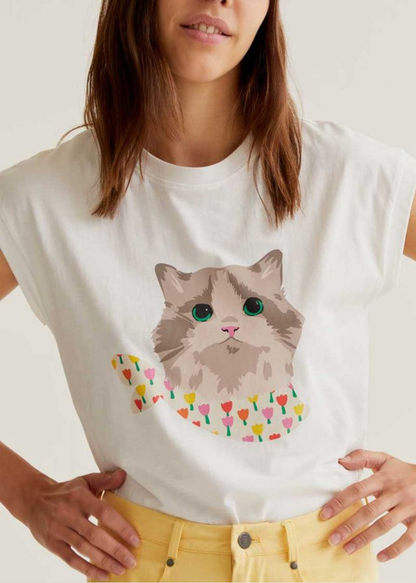 Compañia Fantastica - White T-Shirt with Tulip Cat Print