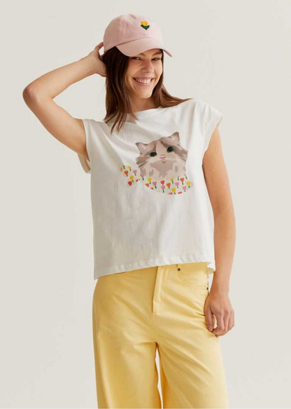 Compañia Fantastica - White T-Shirt with Tulip Cat Print
