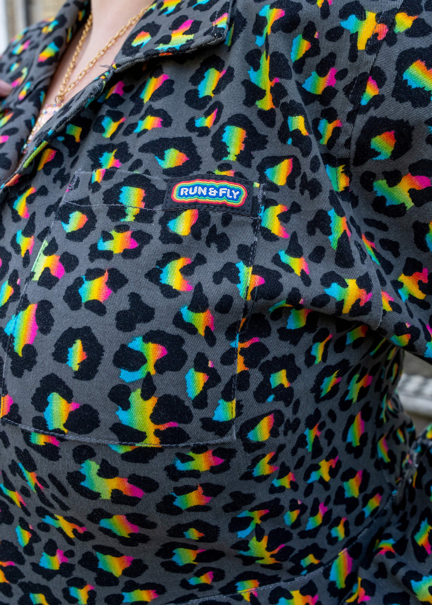 Run & Fly - Grey Rainbow Leopard Stretch Twill Boiler Suit