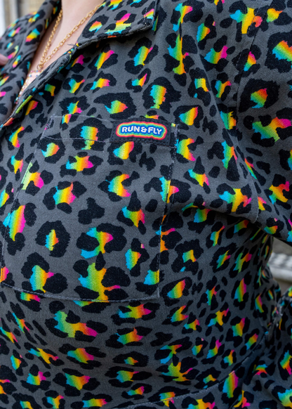 Run & Fly - Grey Rainbow Leopard Stretch Twill Boiler Suit