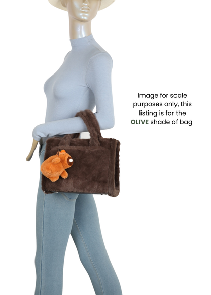 The Edit - Olive Faux Fur Tote Handbag with Capybara Charm