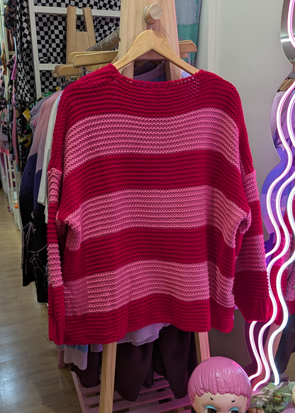 The Edit - Pink & Red Striped Knit Cardigan