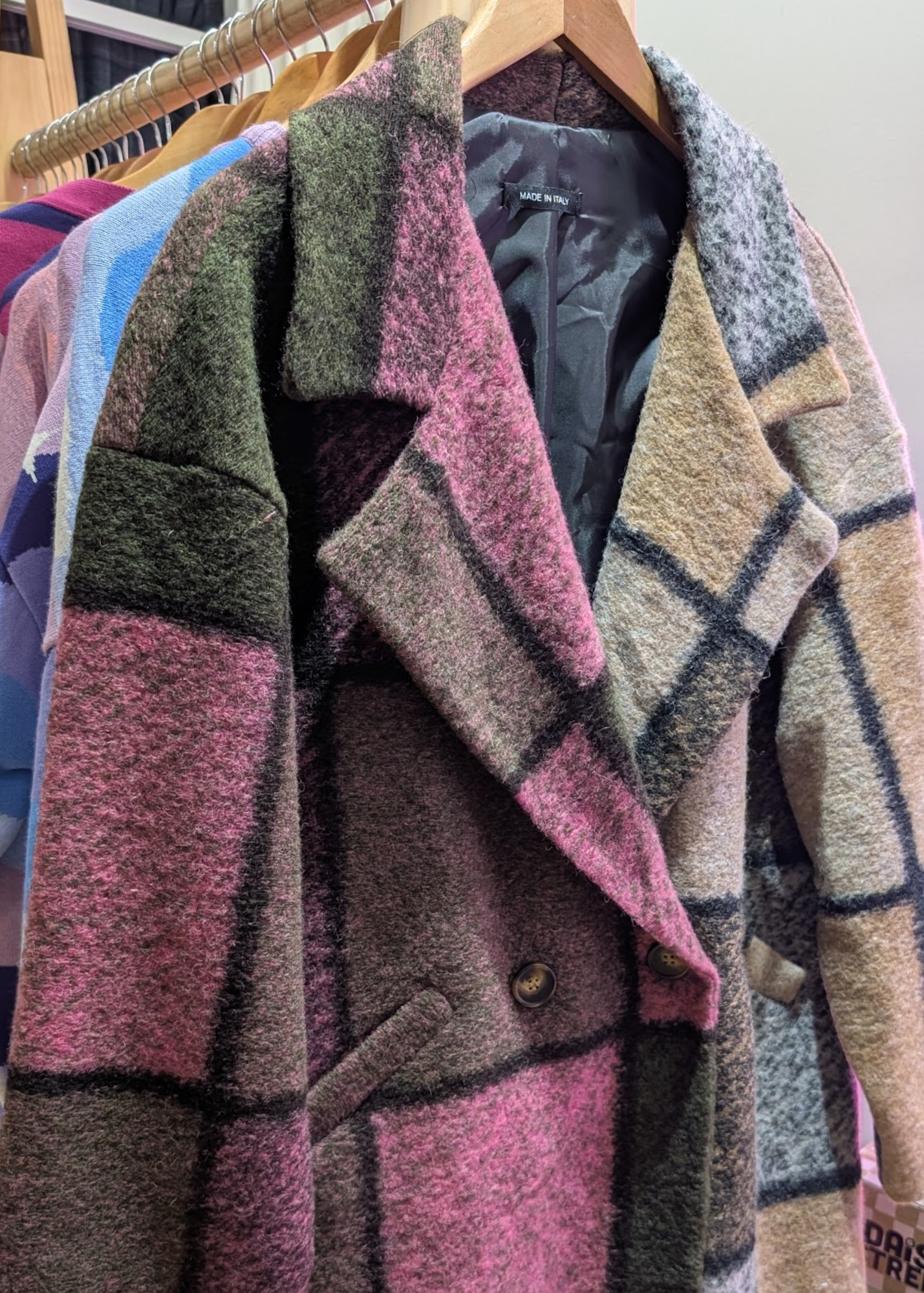 The Edit - Oversized Half 'n' Half Colourful Check Blanket Coat in Pink, Brown & Beige