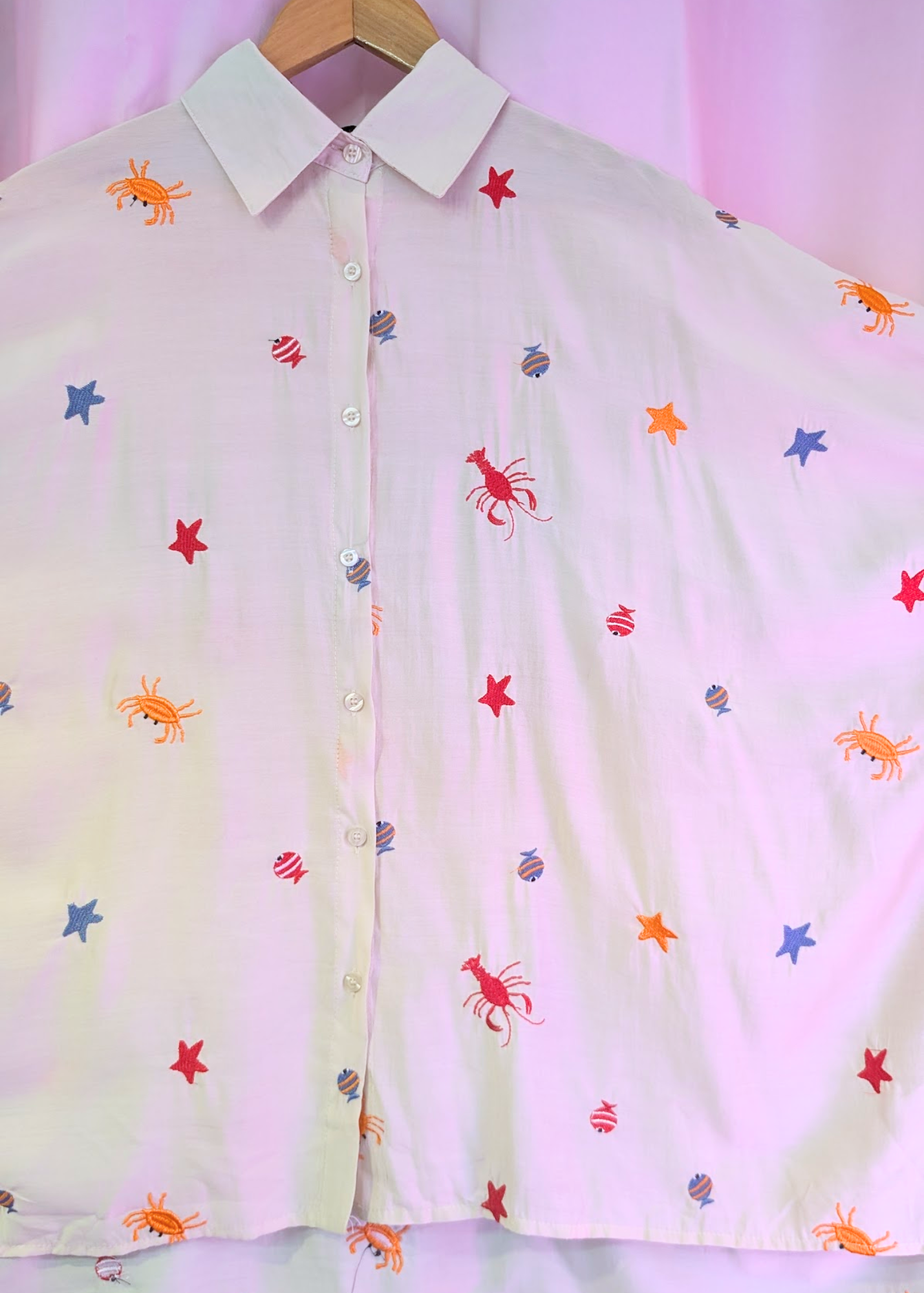 The Edit - Under the Sea Embroidered Oversized Shirt in White