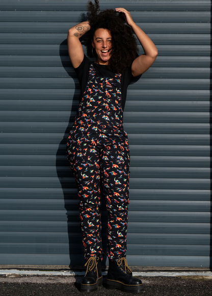 Run & Fly - Unisex Black Twill Rainbow Dinosaur Dungarees