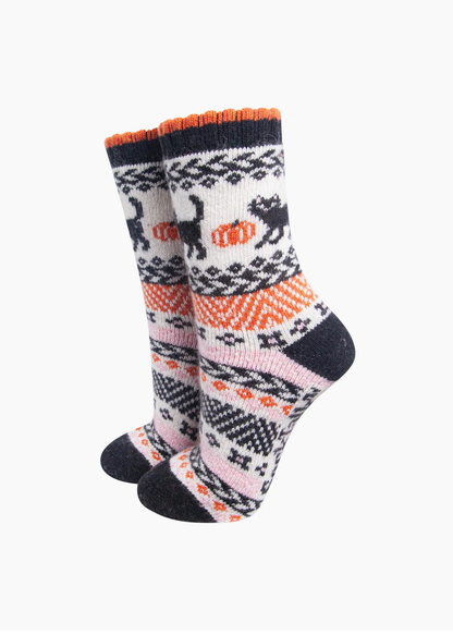 Sock Talk - Black Cat & Pumpkin Thick Wool Blend Socks