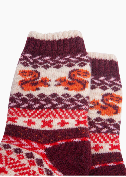 Sock Talk - Burgundy Squirrel Patterned Thick Wool Blend Socks