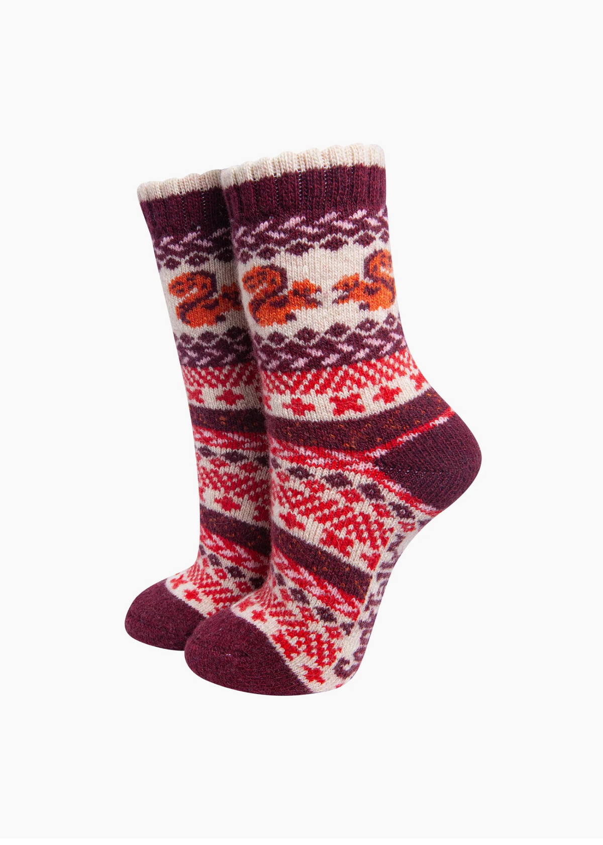 Sock Talk - Burgundy Squirrel Patterned Thick Wool Blend Socks