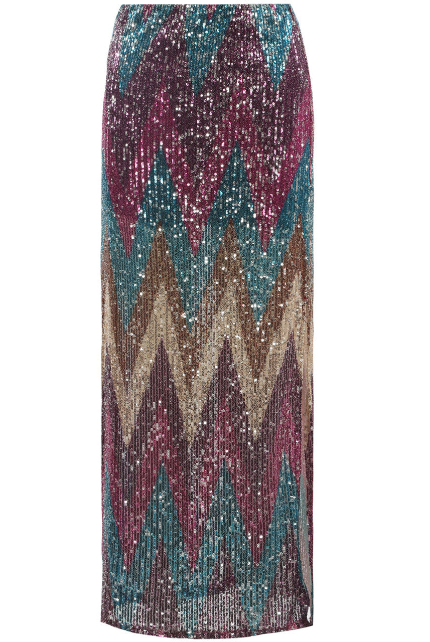 The Edit - Zig Zag Sequin Midi Skirt in Fuchsia & Purple