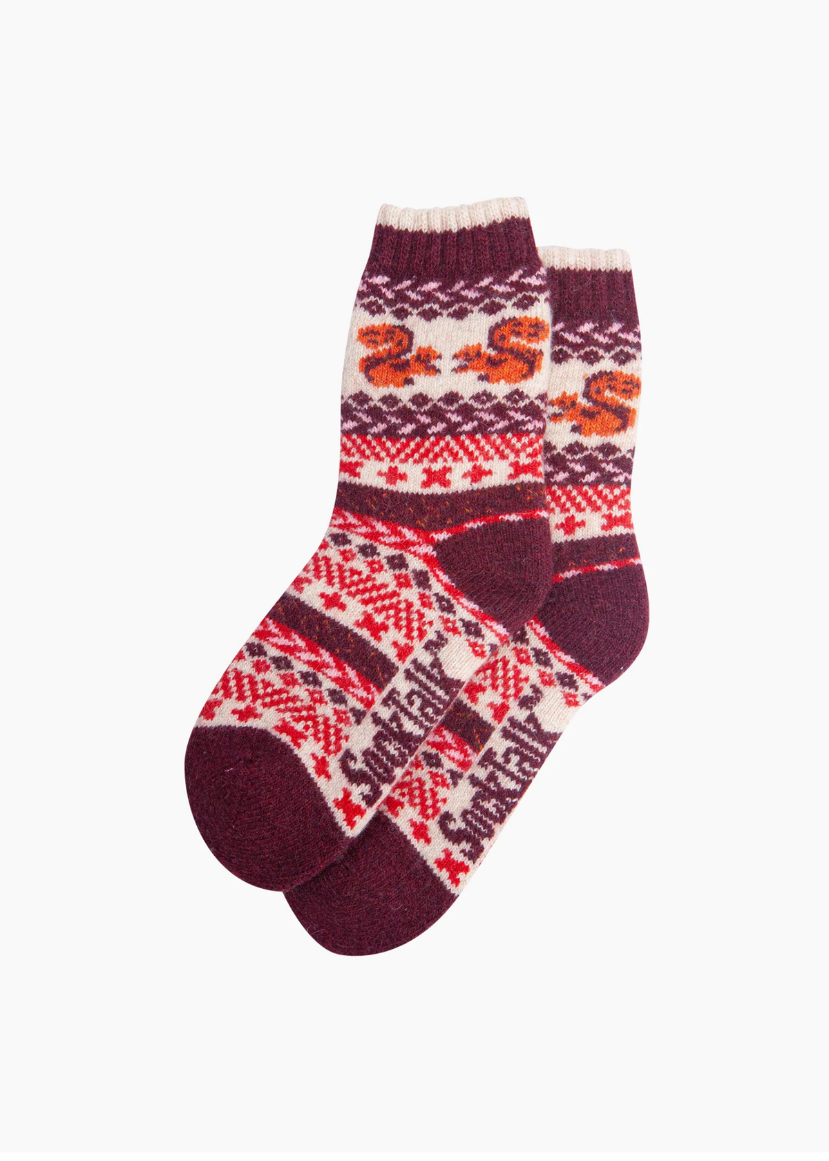 Sock Talk - Burgundy Squirrel Patterned Thick Wool Blend Socks