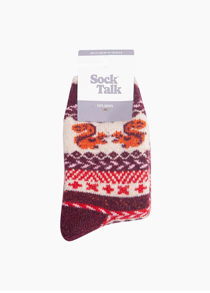 Sock Talk - Burgundy Squirrel Patterned Thick Wool Blend Socks