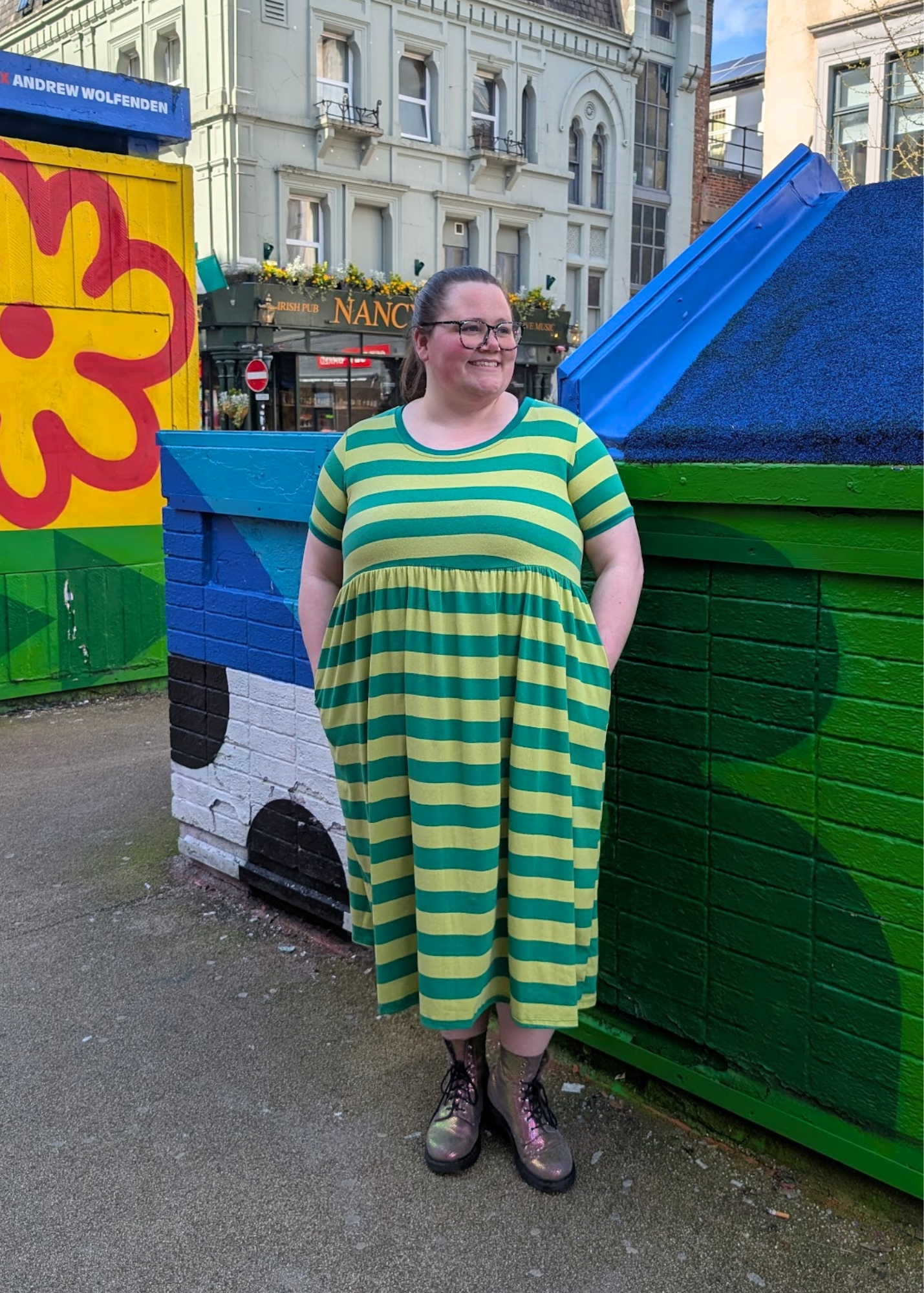The Edit - Double Green Sugar Stripes Smock Dress