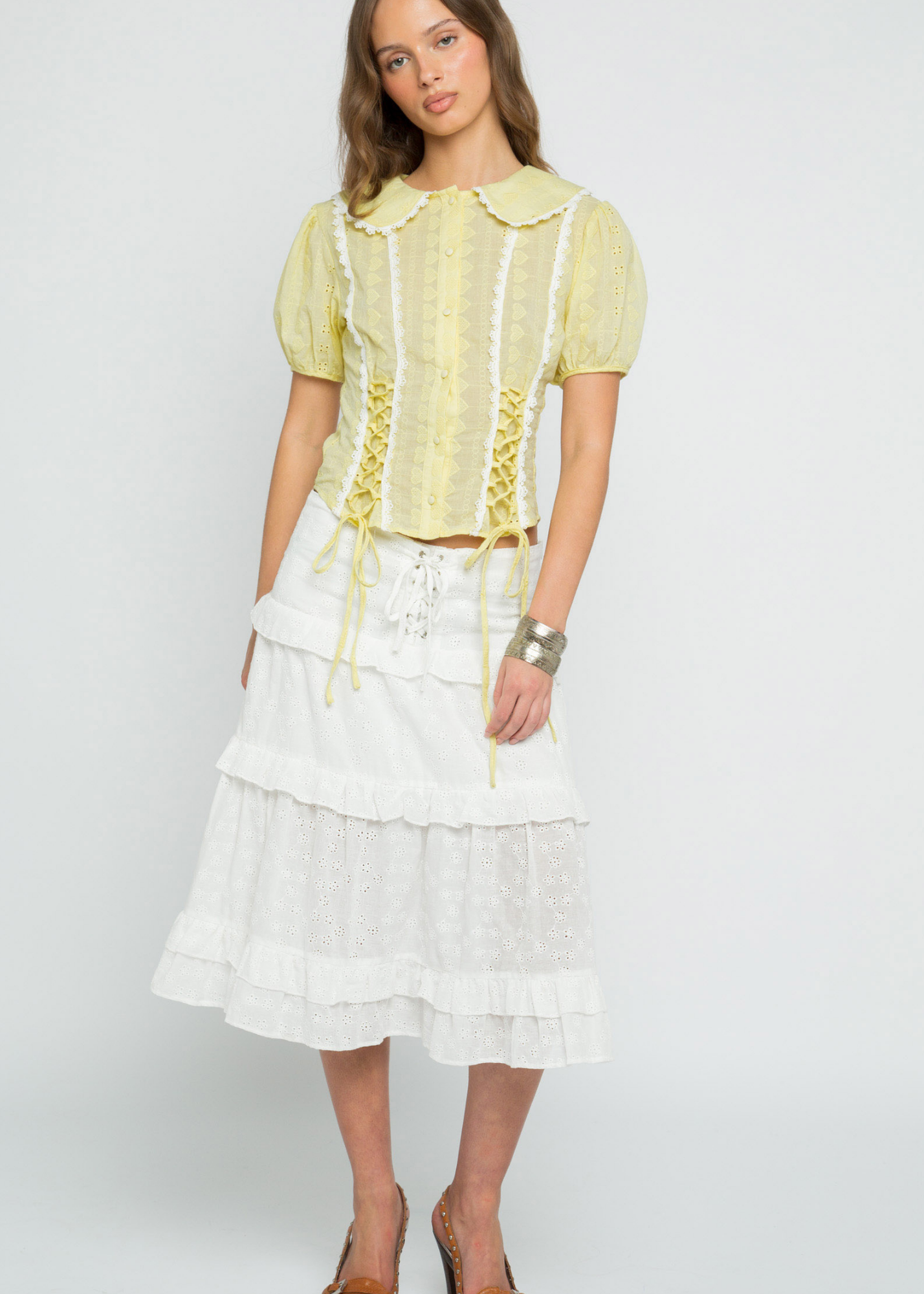 Daisy Street - Lemonbelle Peter Pan Collar Lace up Shirt