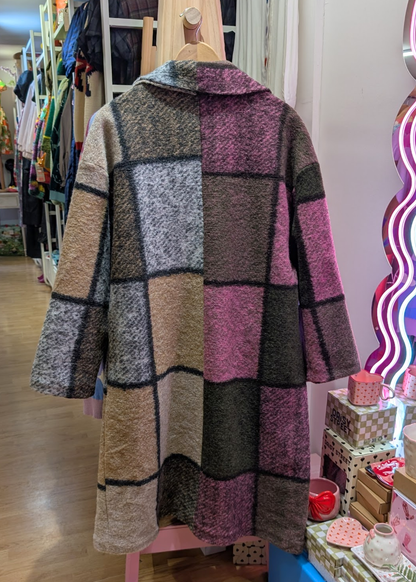 The Edit - Oversized Half 'n' Half Colourful Check Blanket Coat in Pink, Brown & Beige