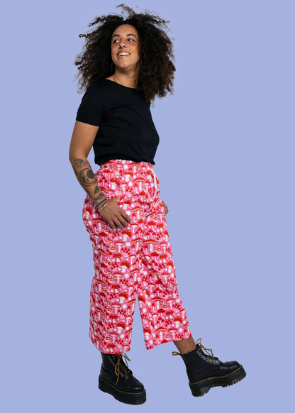Rebel Romance x Stacey McEvoy-Caunt Red & Pink Mushroom Cropped Wide Leg Trousers