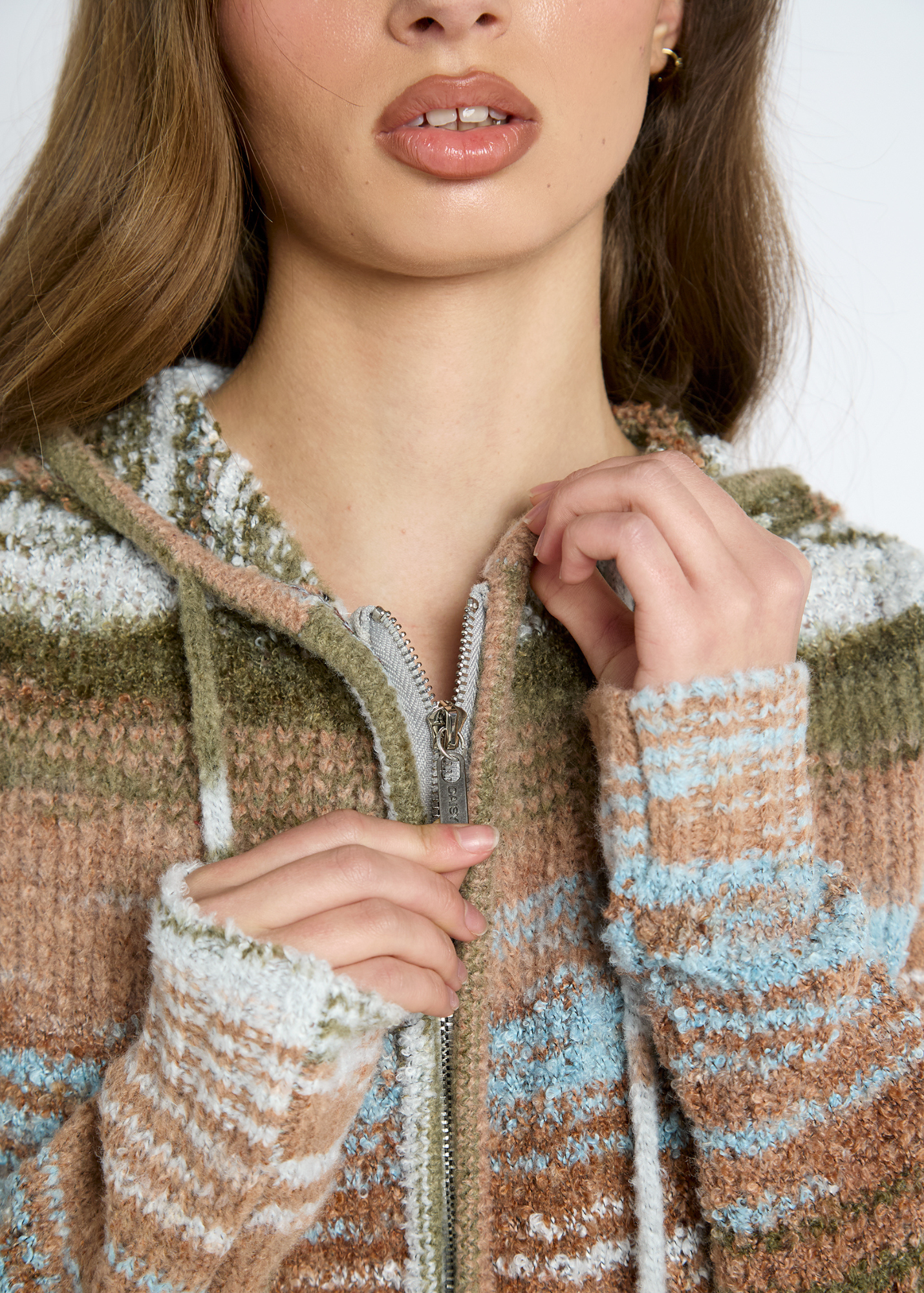 Daisy Street - Earthy Striped Knit Hoodie