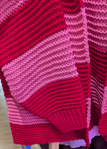 The Edit - Pink & Red Striped Knit Cardigan