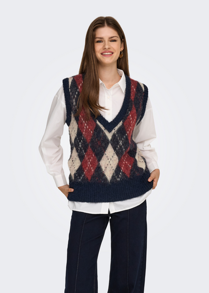 Only - Argyle Knit Vest in Navy and Red