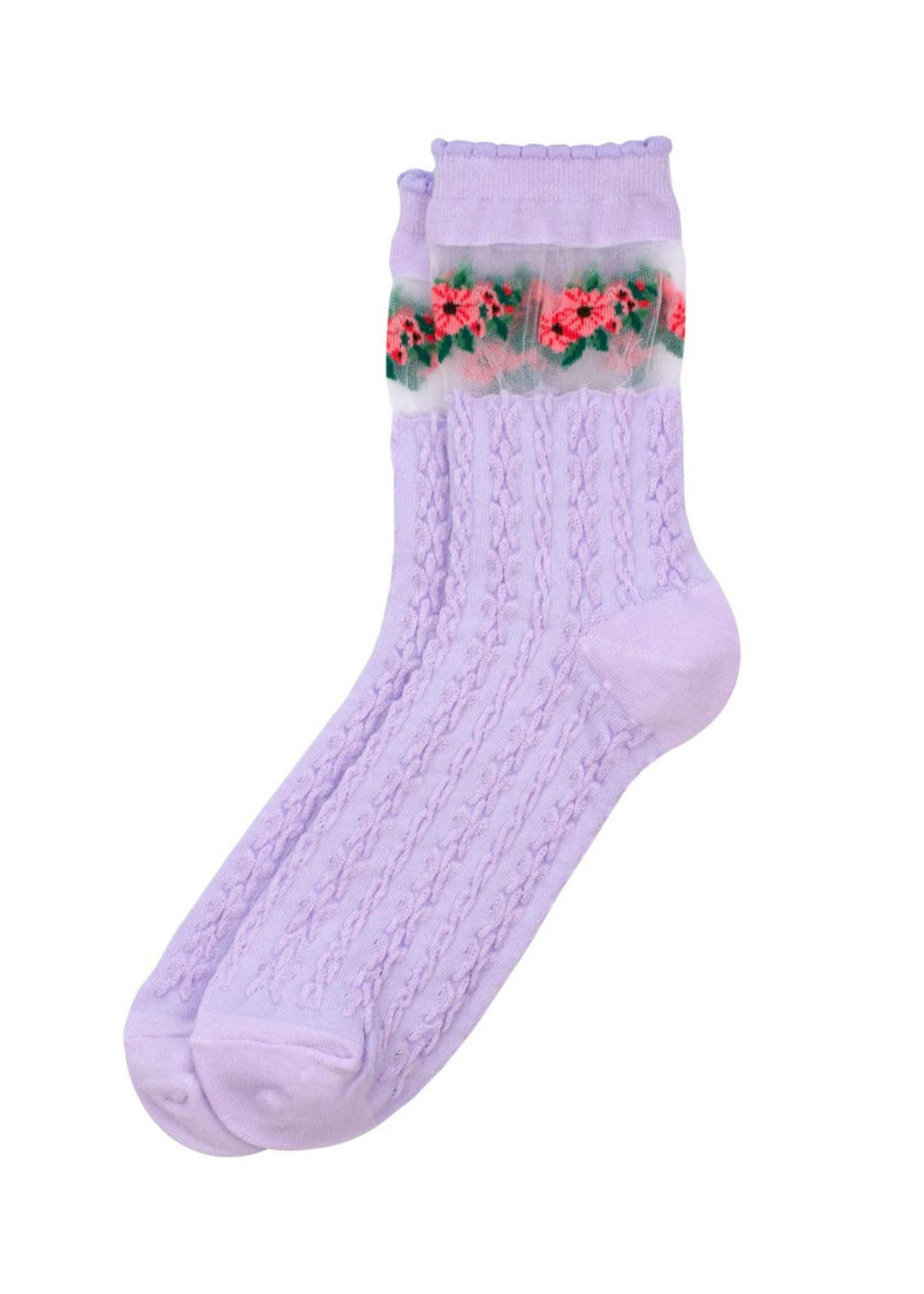 Joe Cool - Lilac Cable Socks with Sheer Floral Cuffs