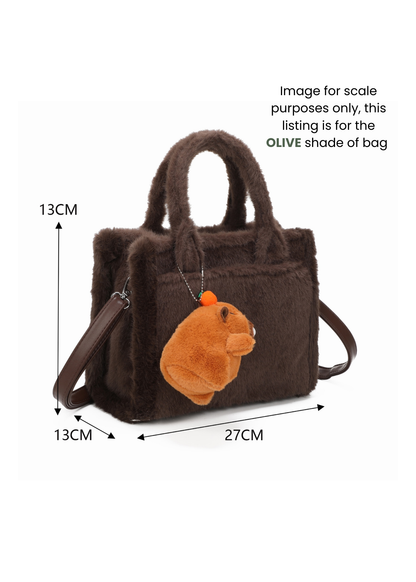 The Edit - Olive Faux Fur Tote Handbag with Capybara Charm