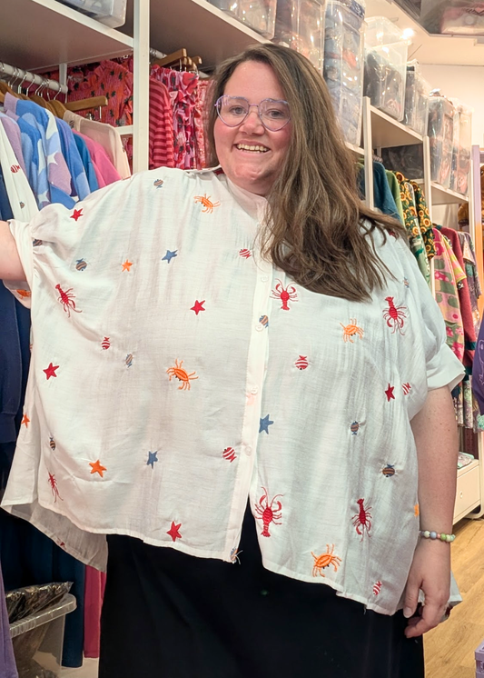 The Edit - Under the Sea Embroidered Oversized Shirt in White