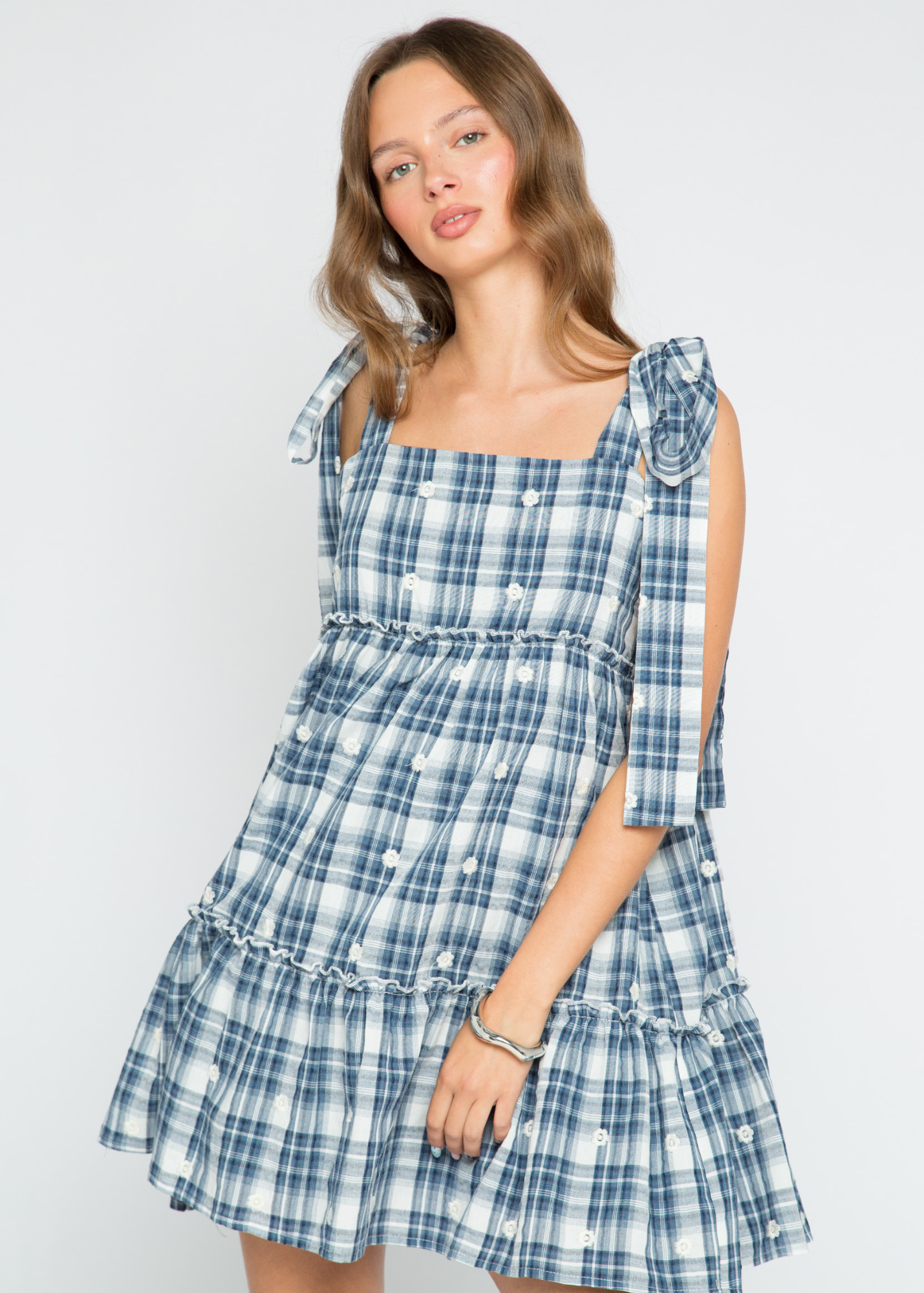 Daisy Street - Dolly Blue Check Mini Dress with White Flowers