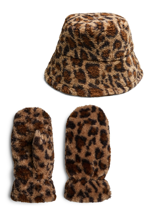 Pieces - Leopard Print Teddy Bucket Hat and Mittens Set