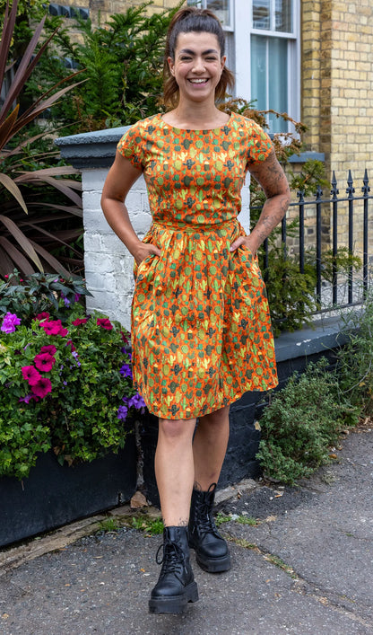 Run & Fly - Orange Cactus Stretch Belted Tea Dress With Pockets