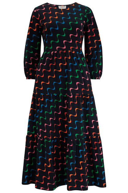 Sugarhill Brighton - Bakari Rainbow Wave Black Jersey Tiered Midi Dress