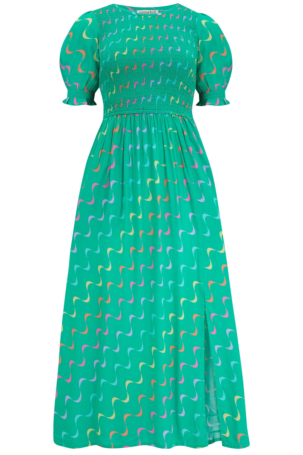 Sugarhill Brighton - Rosita Green Shirred Rainbow Wave Dress