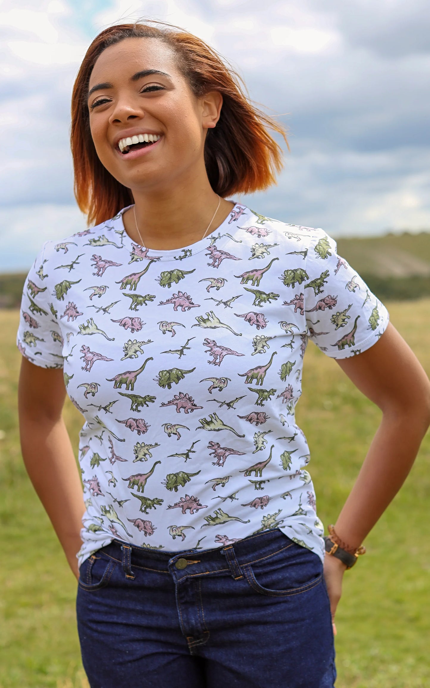 Run & Fly - Unisex Dinosaur Print T-Shirt in White