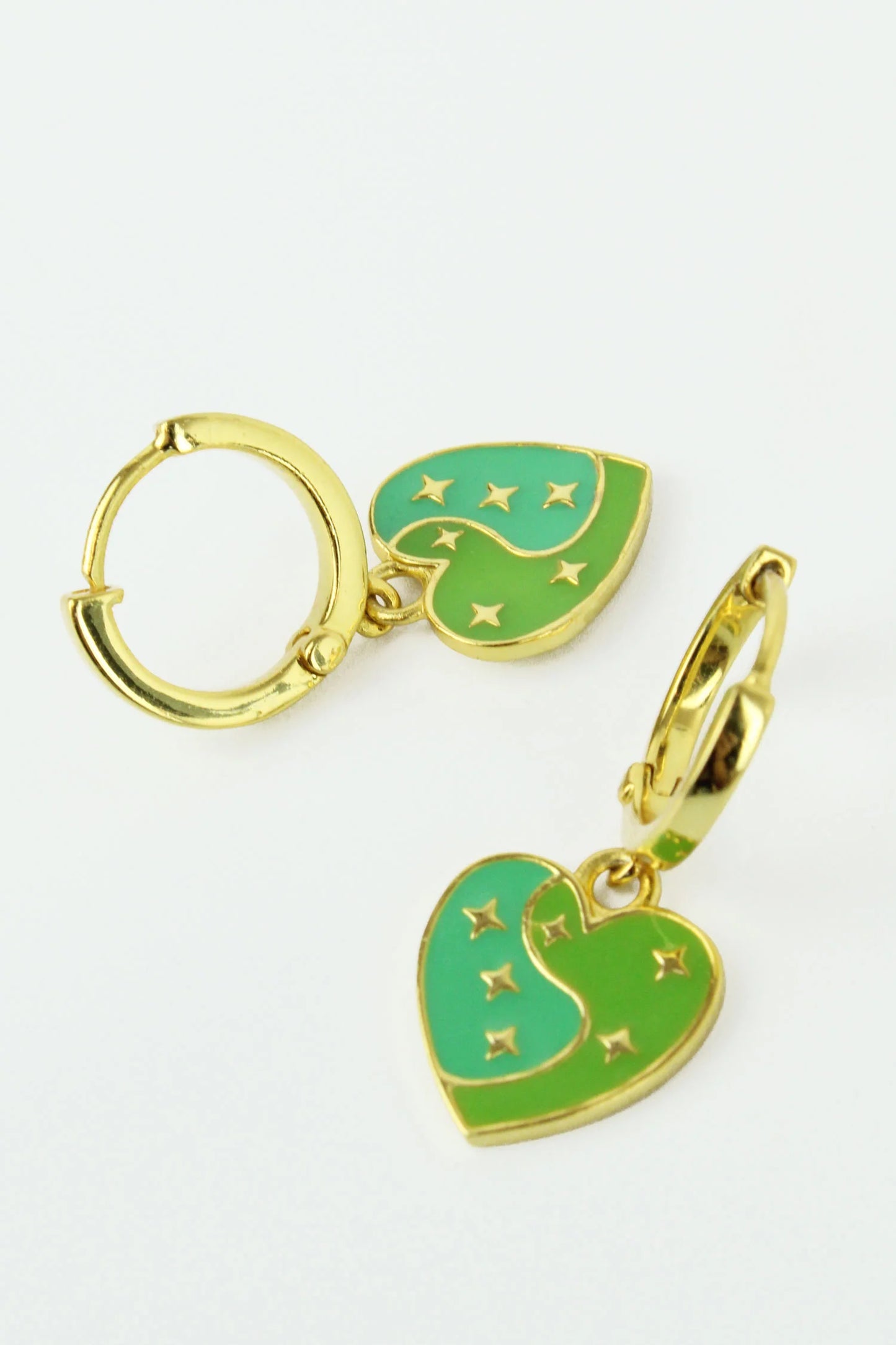My Doris -  Gold Star Green Enamel Heart Huggie Earrings