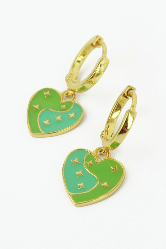 My Doris -  Gold Star Green Enamel Heart Huggie Earrings