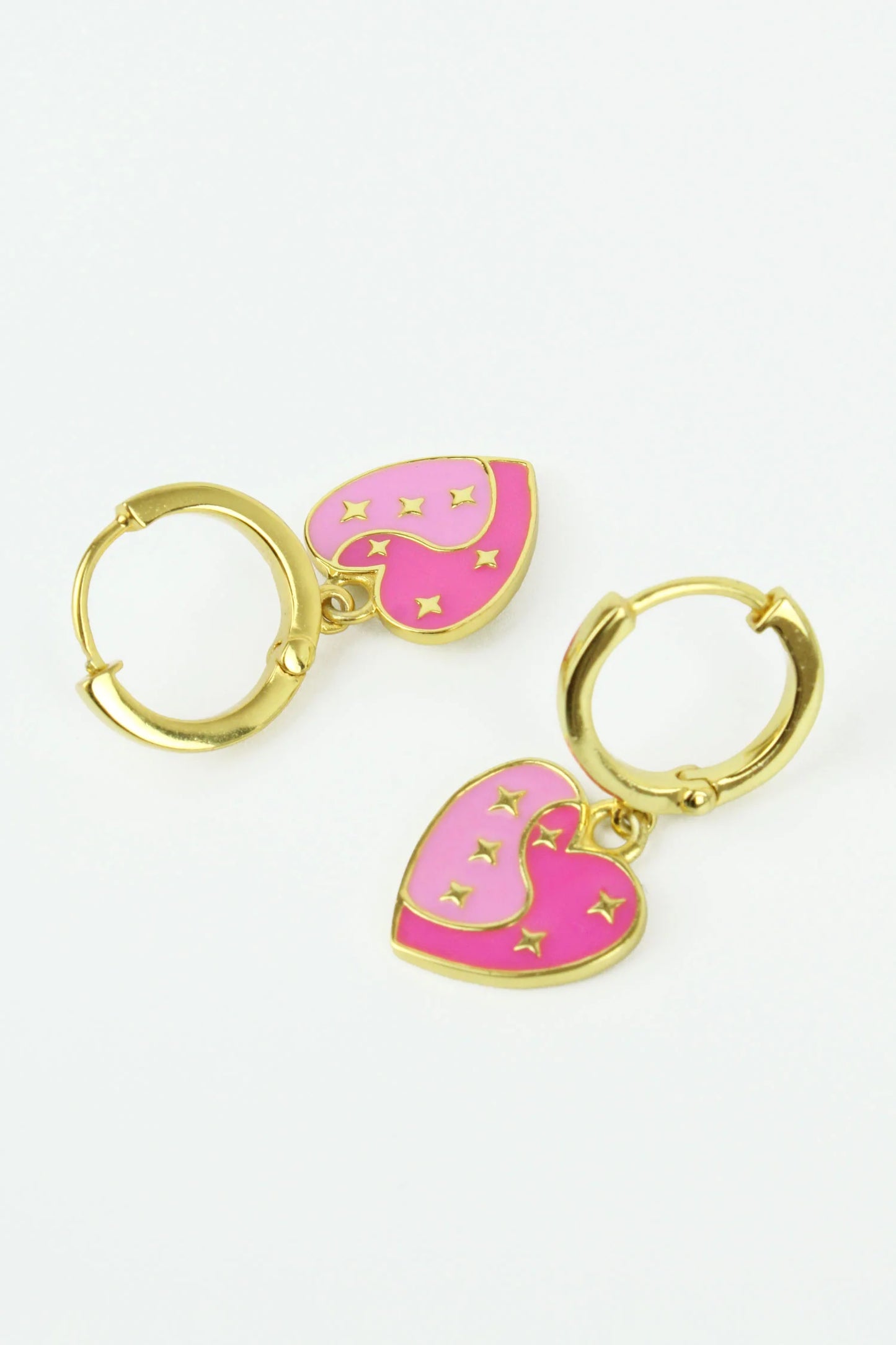 My Doris -  Gold Star Pink Enamel Heart Huggie Earrings