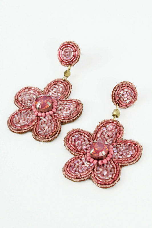 My Doris - Light Pink Beaded Flower Drop Earrings