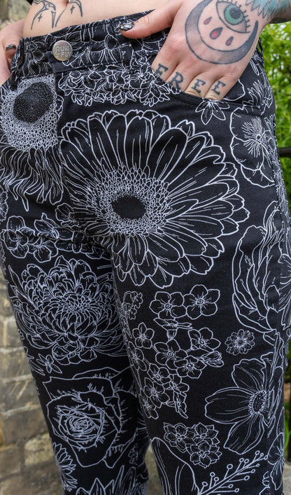 Run & Fly - Black and White Floral Bell Bottom Flares