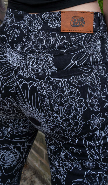 Run & Fly - Black and White Floral Bell Bottom Flares