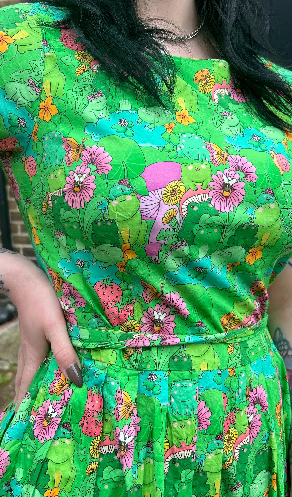 Run & Fly x The Mushroom Babes Frogs Stretch Belted Tea Dress with Pockets
