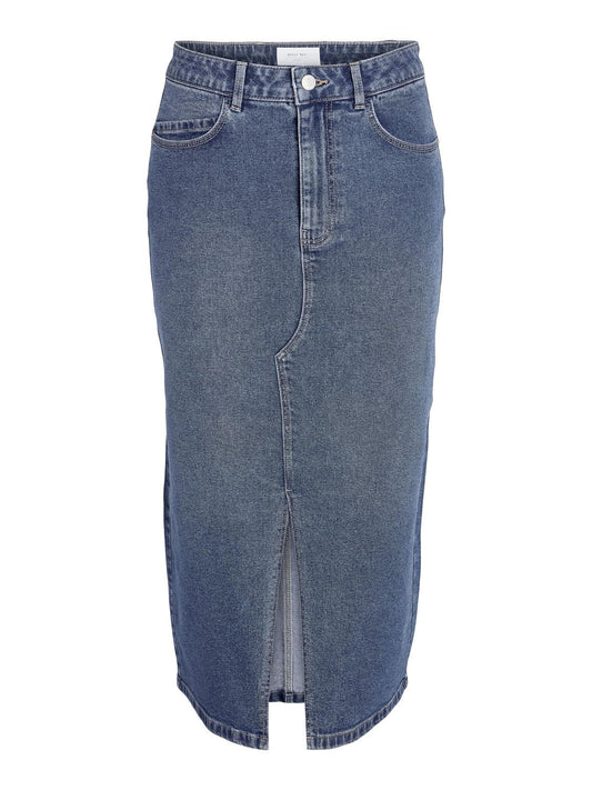 Noisy May - Blue Washed Denim Midi Skirt with Front Slit