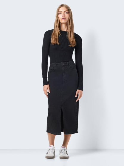 Noisy May - Black Washed Denim Midi Skirt with Front Slit