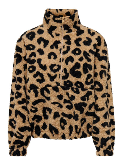 Only - Leopard Print Half-Zip Teddy Fleece Pullover