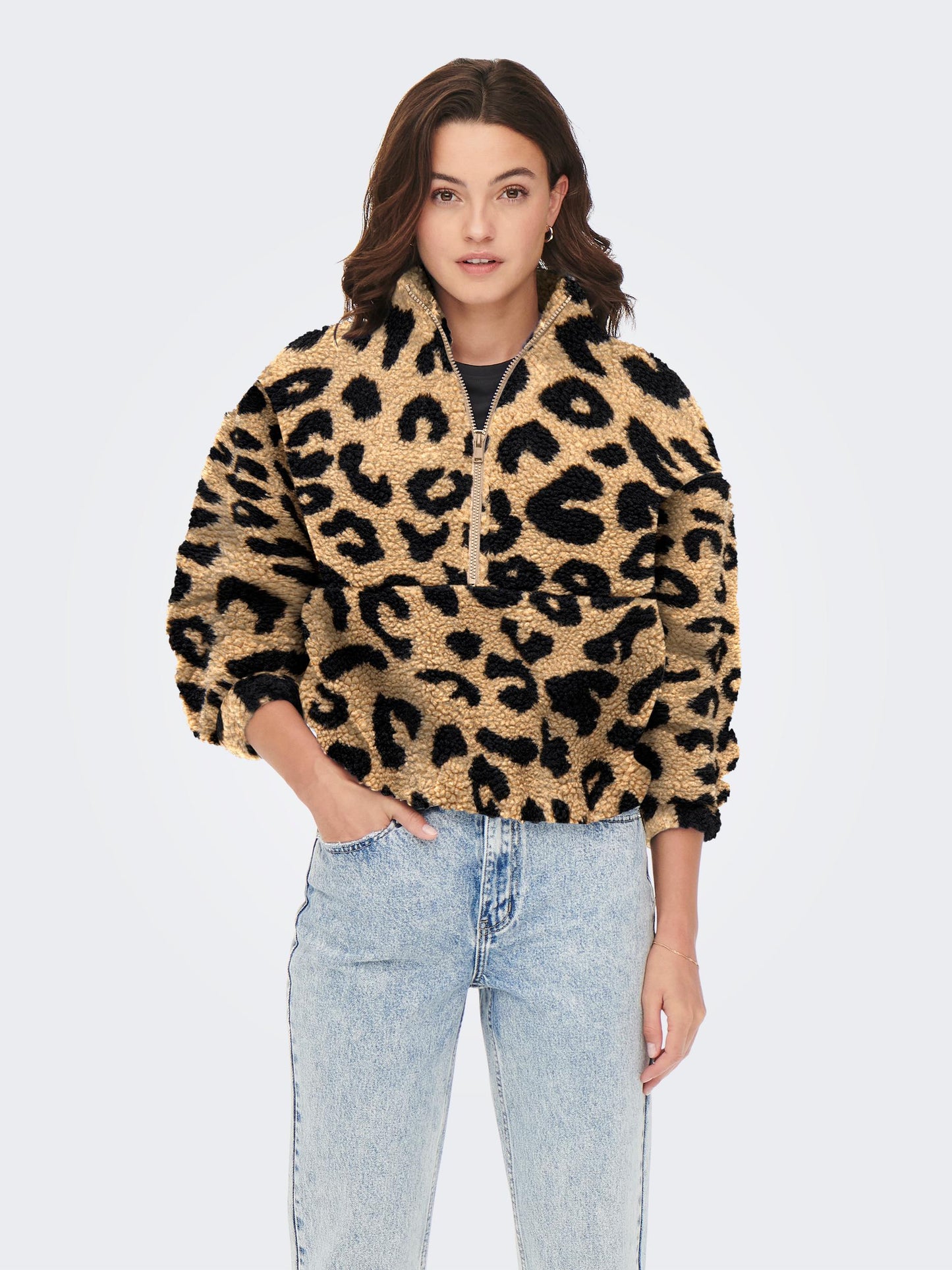 Only - Leopard Print Half-Zip Teddy Fleece Pullover