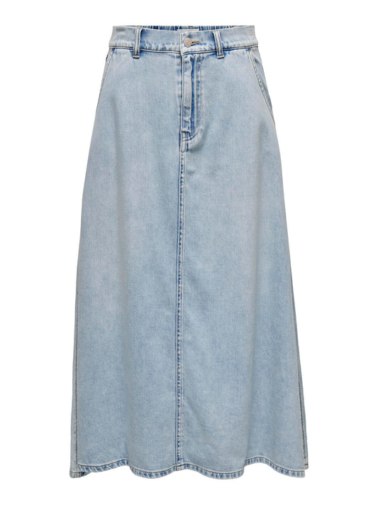 Only - High Waisted Flared Blue Denim Midi Skirt